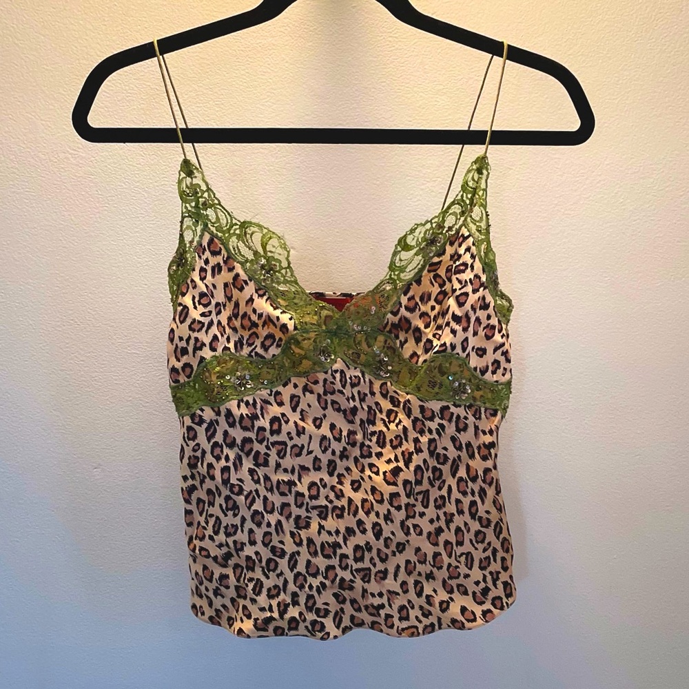 LAPETINA 100% Silk Lace leopard print beaded spaghetti strap camisole🐆 🍸